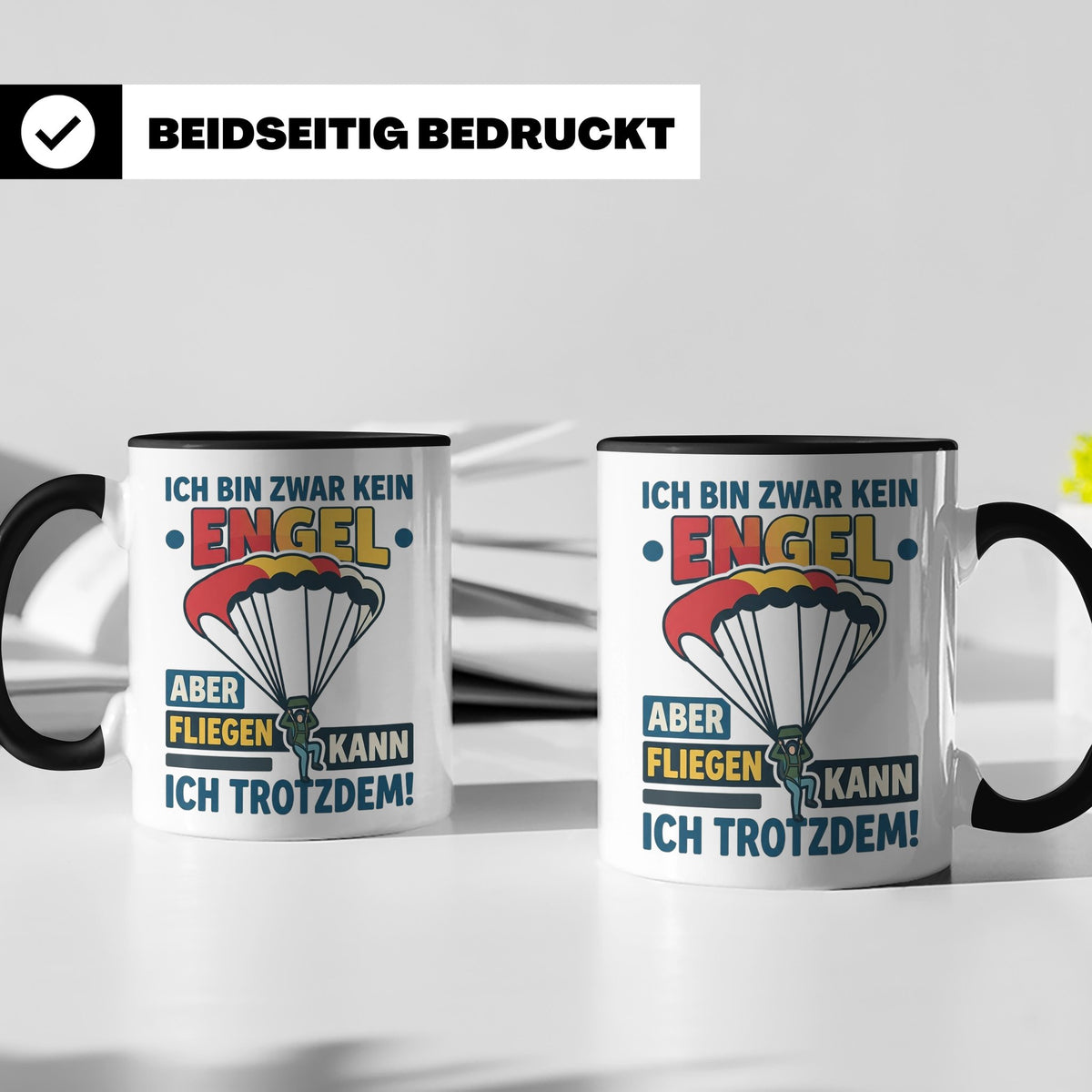 Fallschirmspringer Tasse 'Kein Engel aber fliegen' Spruch Sk – Schwarz [farbe:schwarz]
