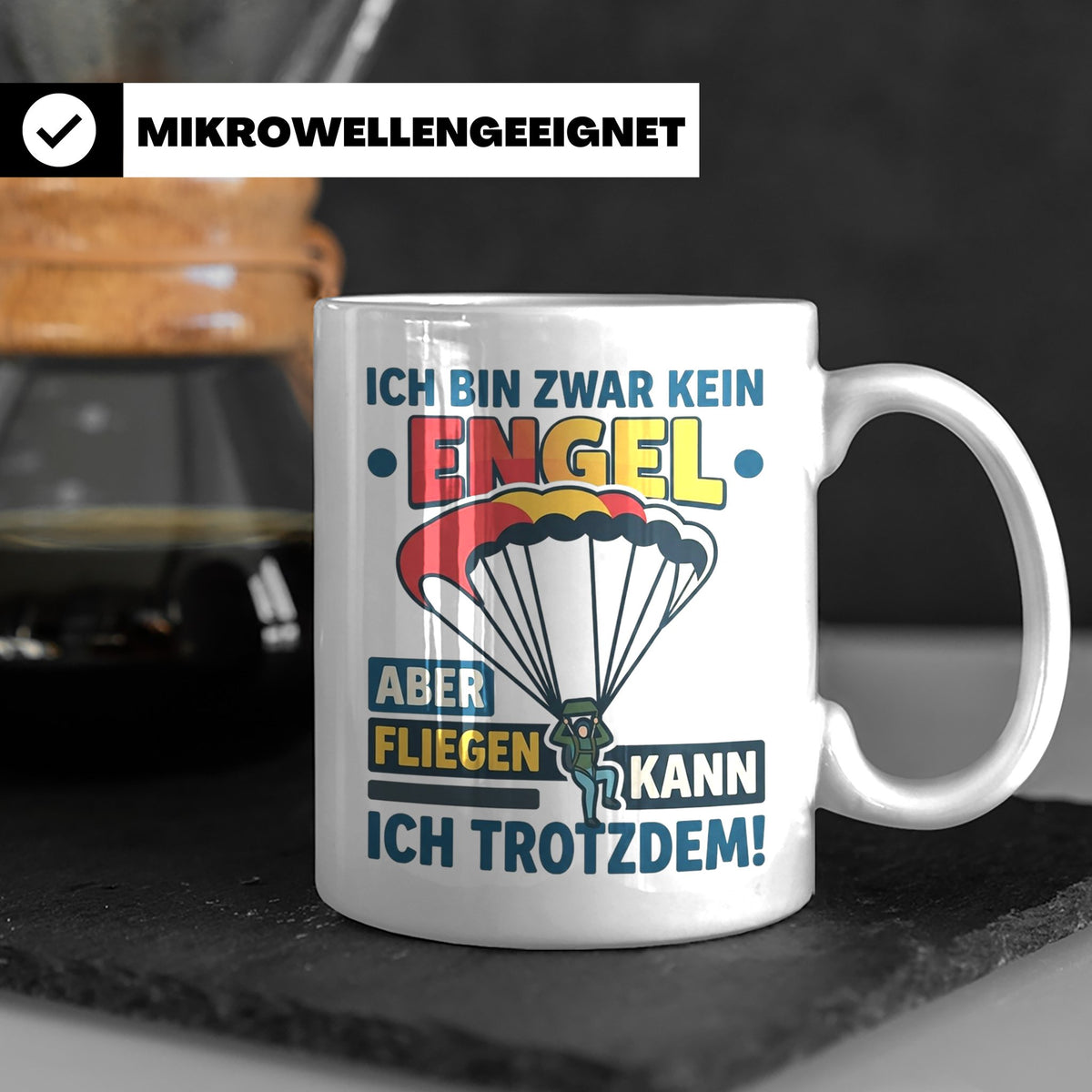 Fallschirmspringer Tasse 'Kein Engel aber fliegen' Spruch Sk – Weiß [farbe:weiß]