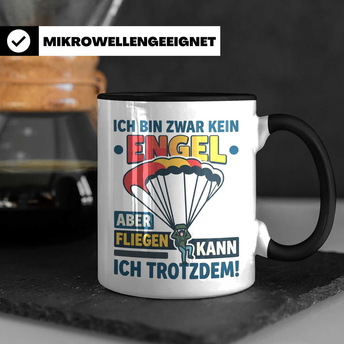 Fallschirmspringer Tasse 'Kein Engel aber fliegen' Spruch Sk – Schwarz [farbe:schwarz]