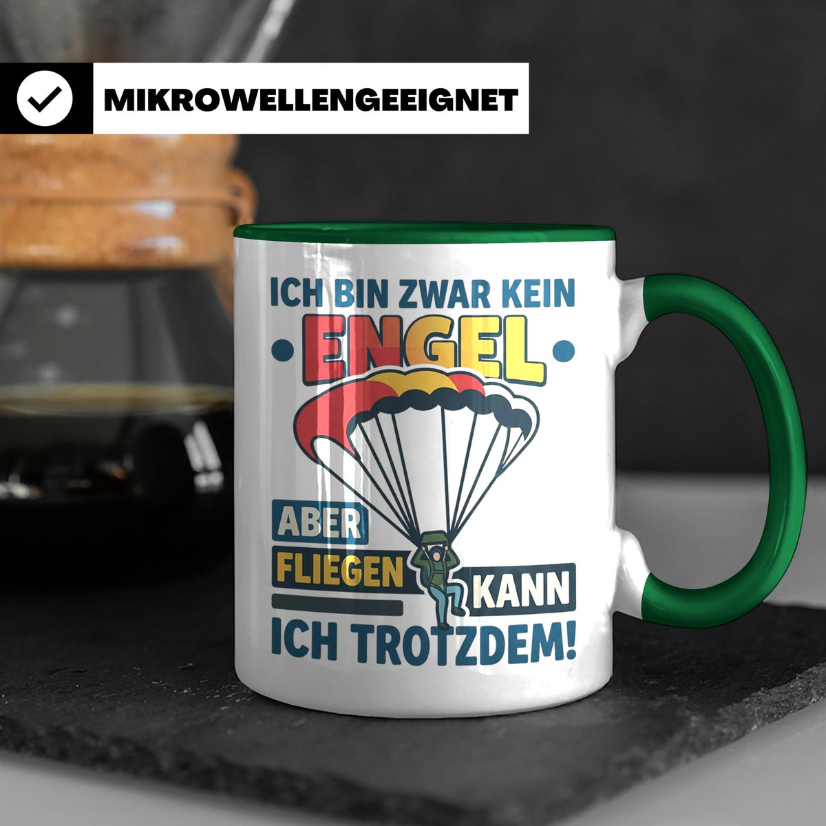 Fallschirmspringer Tasse 'Kein Engel aber fliegen' Spruch Sk – Grün [farbe:grün]