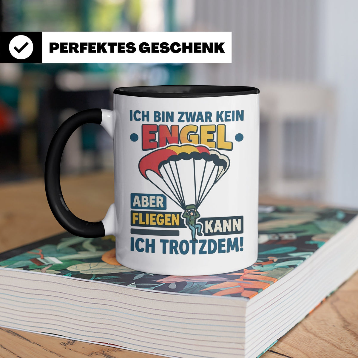 Fallschirmspringer Tasse 'Kein Engel aber fliegen' Spruch Sk – Schwarz [farbe:schwarz]