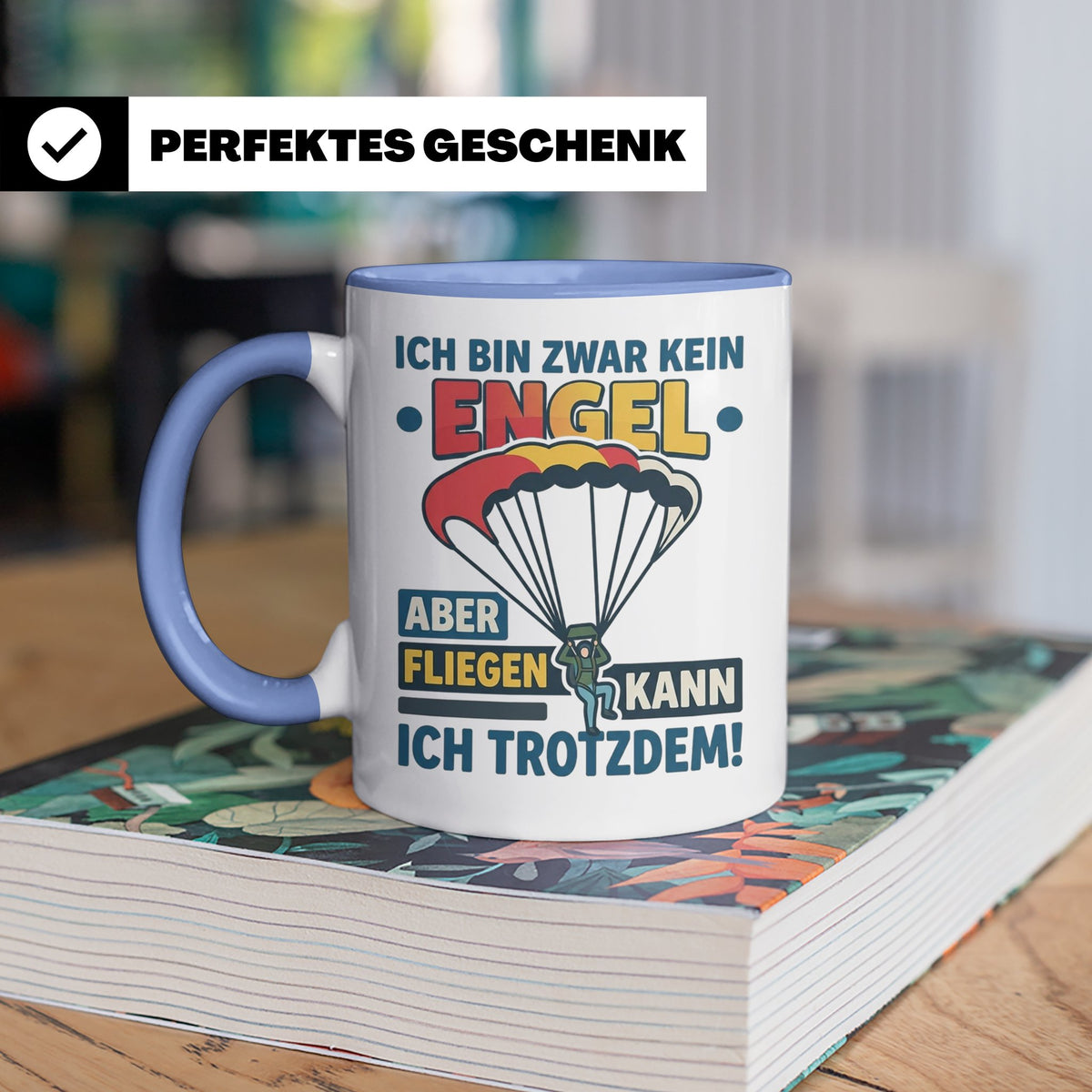 Fallschirmspringer Tasse 'Kein Engel aber fliegen' Spruch Sk – Blau [farbe:blau]