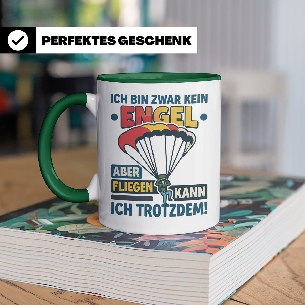 Fallschirmspringer Tasse 'Kein Engel aber fliegen' Spruch Sk – Grün [farbe:grün]