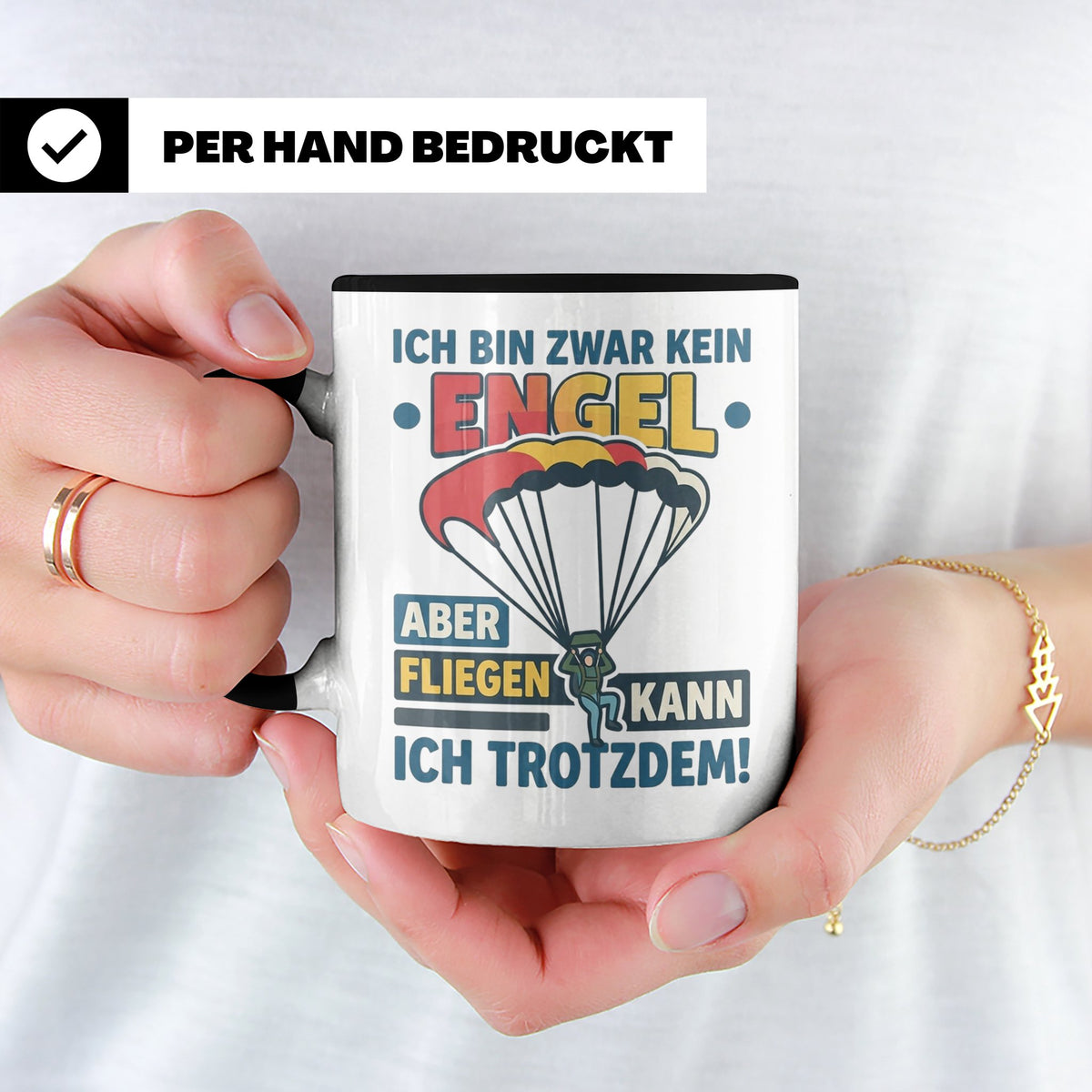Fallschirmspringer Tasse 'Kein Engel aber fliegen' Spruch Sk – Schwarz [farbe:schwarz]