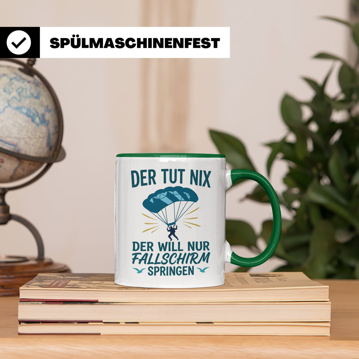 Fallschirmspringer Tasse mit Spruch Der tut nix der will nur – Grün [farbe:grün]