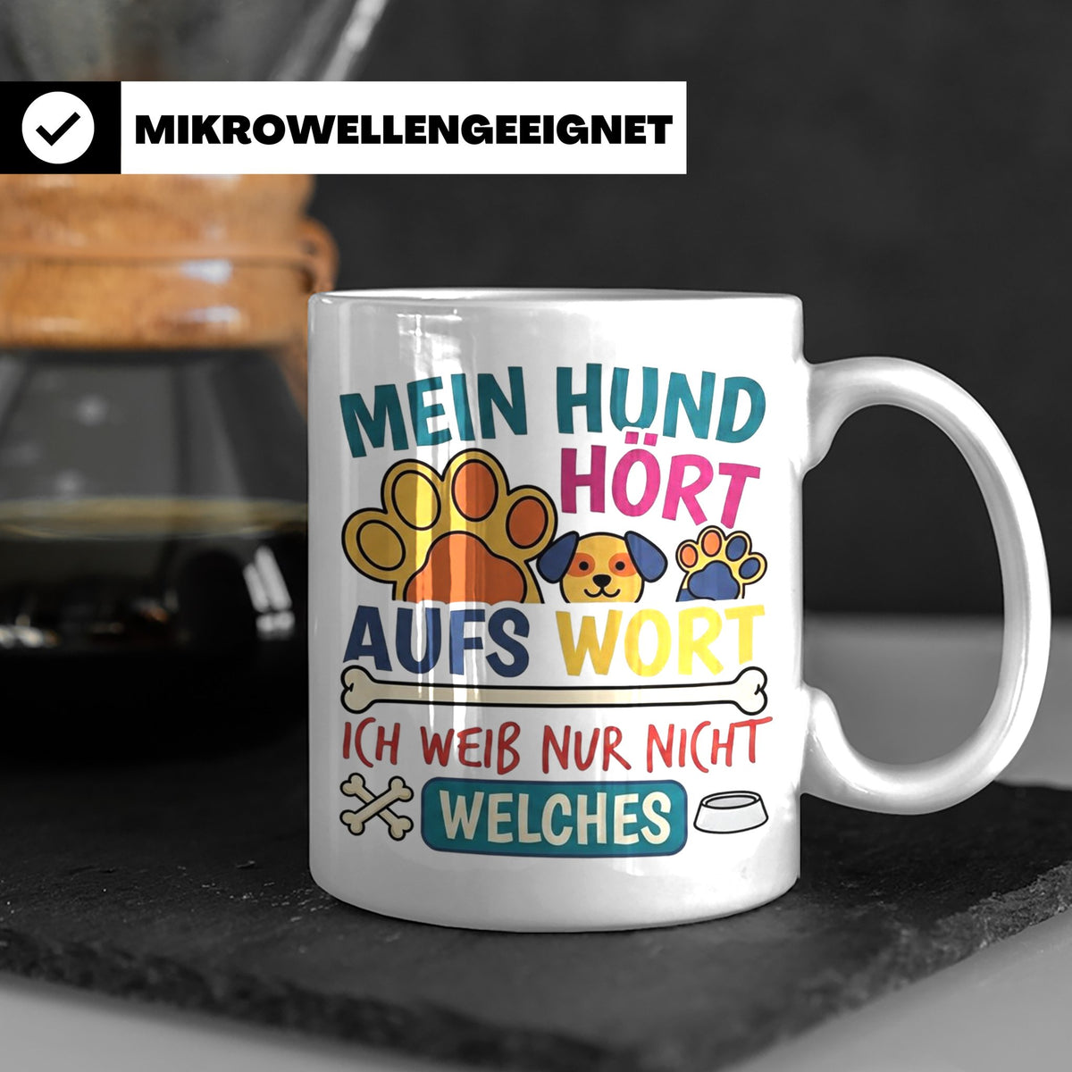 Hundetasse mit Spruch Mein Hund hört aufs Wort lustig Gesche – Weiß [farbe:weiß]