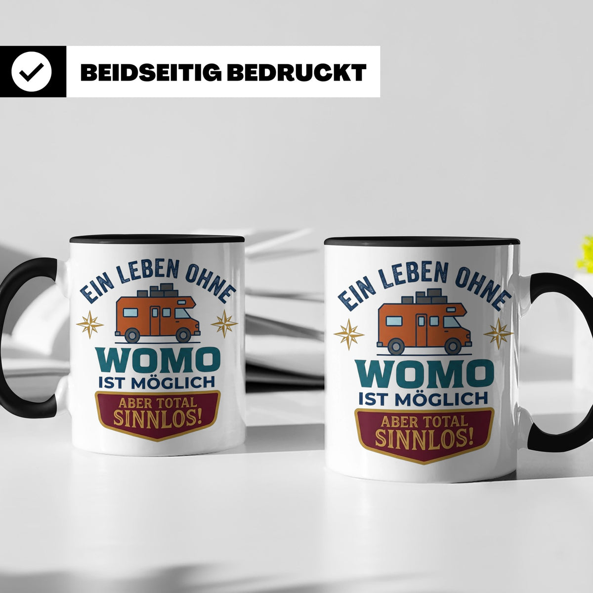 Wohnmobil Tasse mit Spruch Ein Leben ohne Womo sinnlos, Gesc – Schwarz [farbe:schwarz]