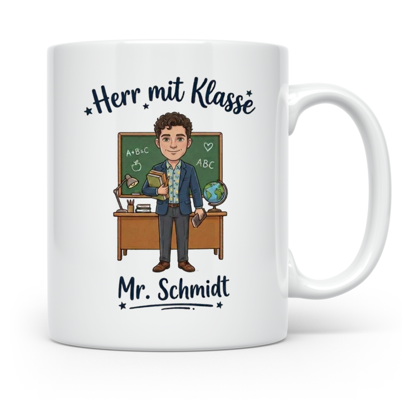 Personalisierte Lehrer Tasse mit Foto & Namen – Herr mit Klasse
