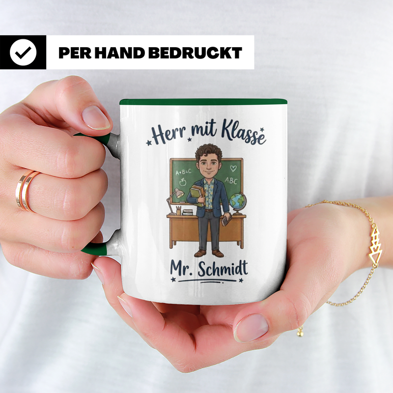 Personalisierte Lehrer Tasse mit Foto & Namen – Herr mit Klasse