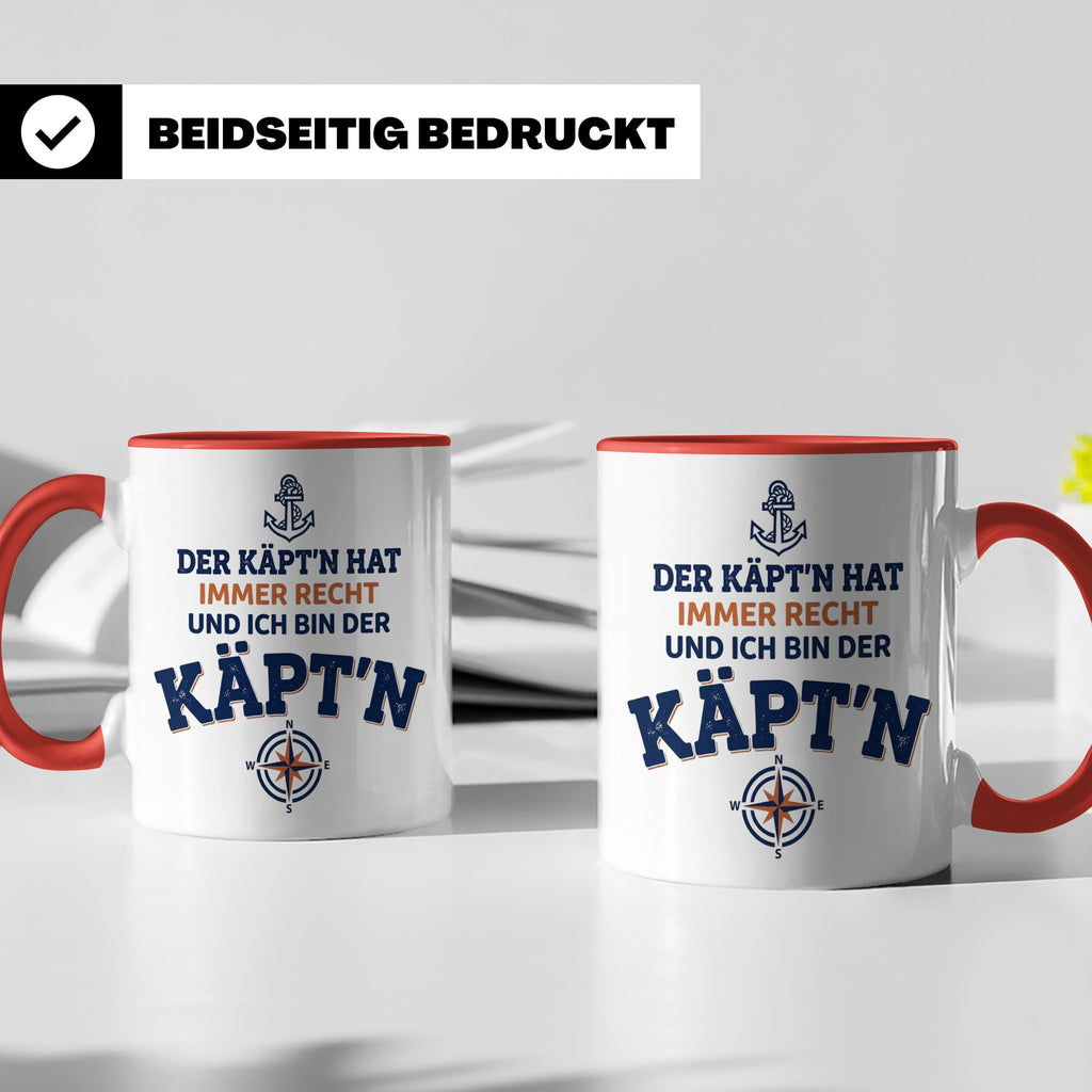 Kapitän Tasse mit Spruch 'Der Käpt'n hat immer Recht' Gesche – Rot [farbe:rot]