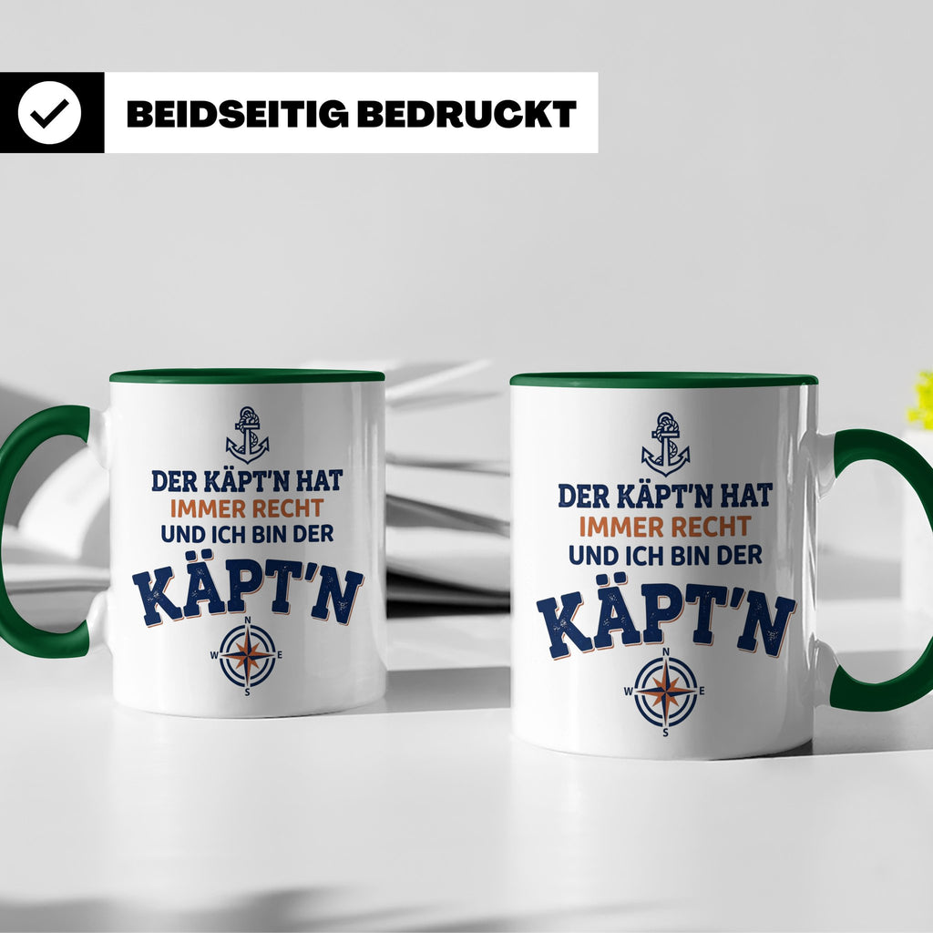 Kapitän Tasse mit Spruch 'Der Käpt'n hat immer Recht' Gesche – Grün [farbe:grün]