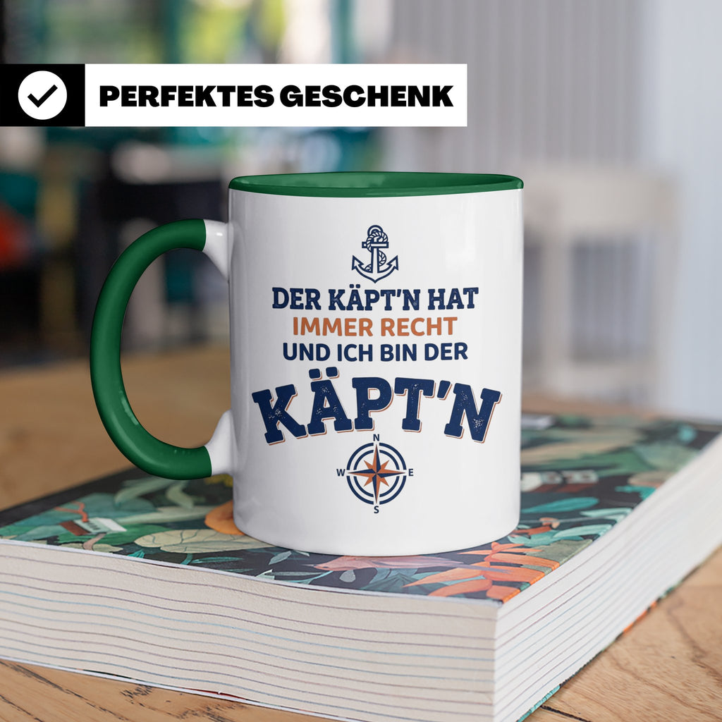 Kapitän Tasse mit Spruch 'Der Käpt'n hat immer Recht' Gesche – Grün [farbe:grün]