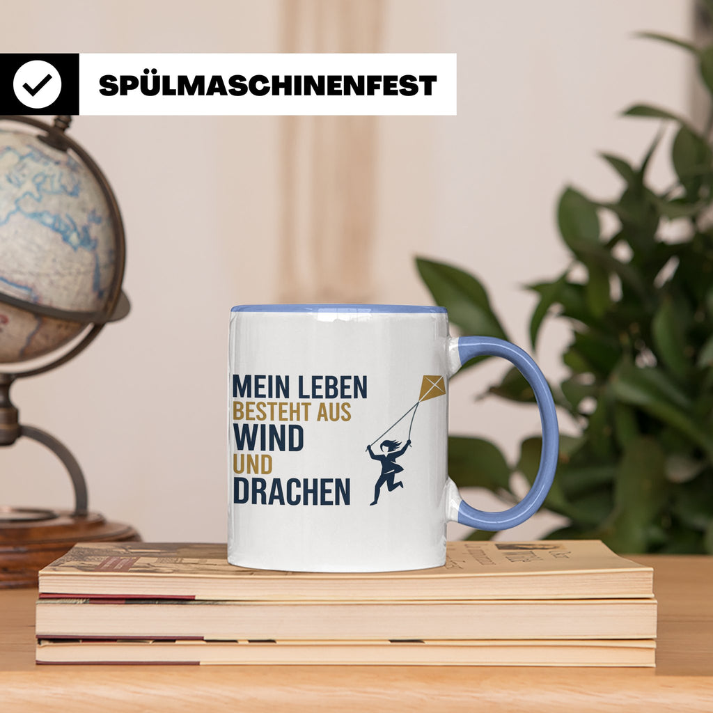 Drachensteigen Tasse mit Spruch Mein Leben besteht aus Wind  – Blau [farbe:blau]