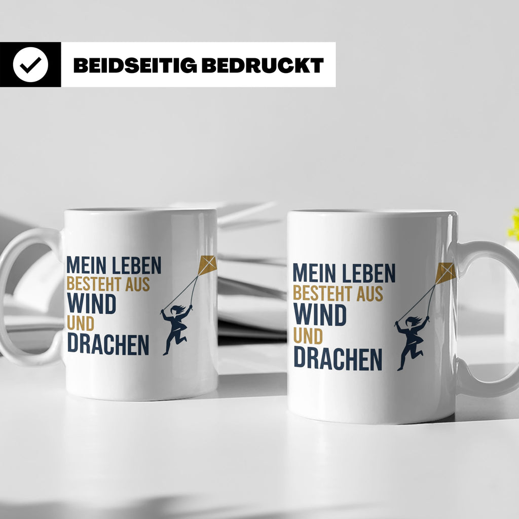 Drachensteigen Tasse mit Spruch Mein Leben besteht aus Wind  – Weiß [farbe:weiß]