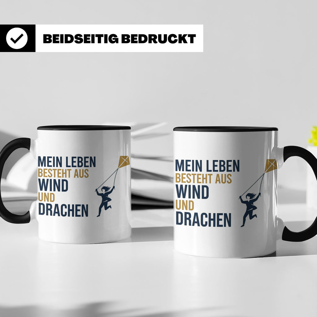 Drachensteigen Tasse mit Spruch Mein Leben besteht aus Wind  – Schwarz [farbe:schwarz]