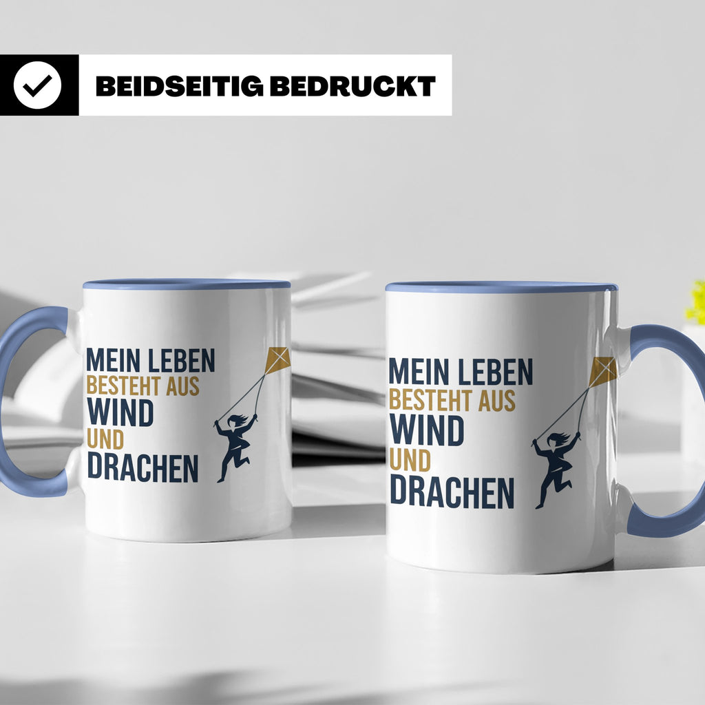 Drachensteigen Tasse mit Spruch Mein Leben besteht aus Wind  – Blau [farbe:blau]