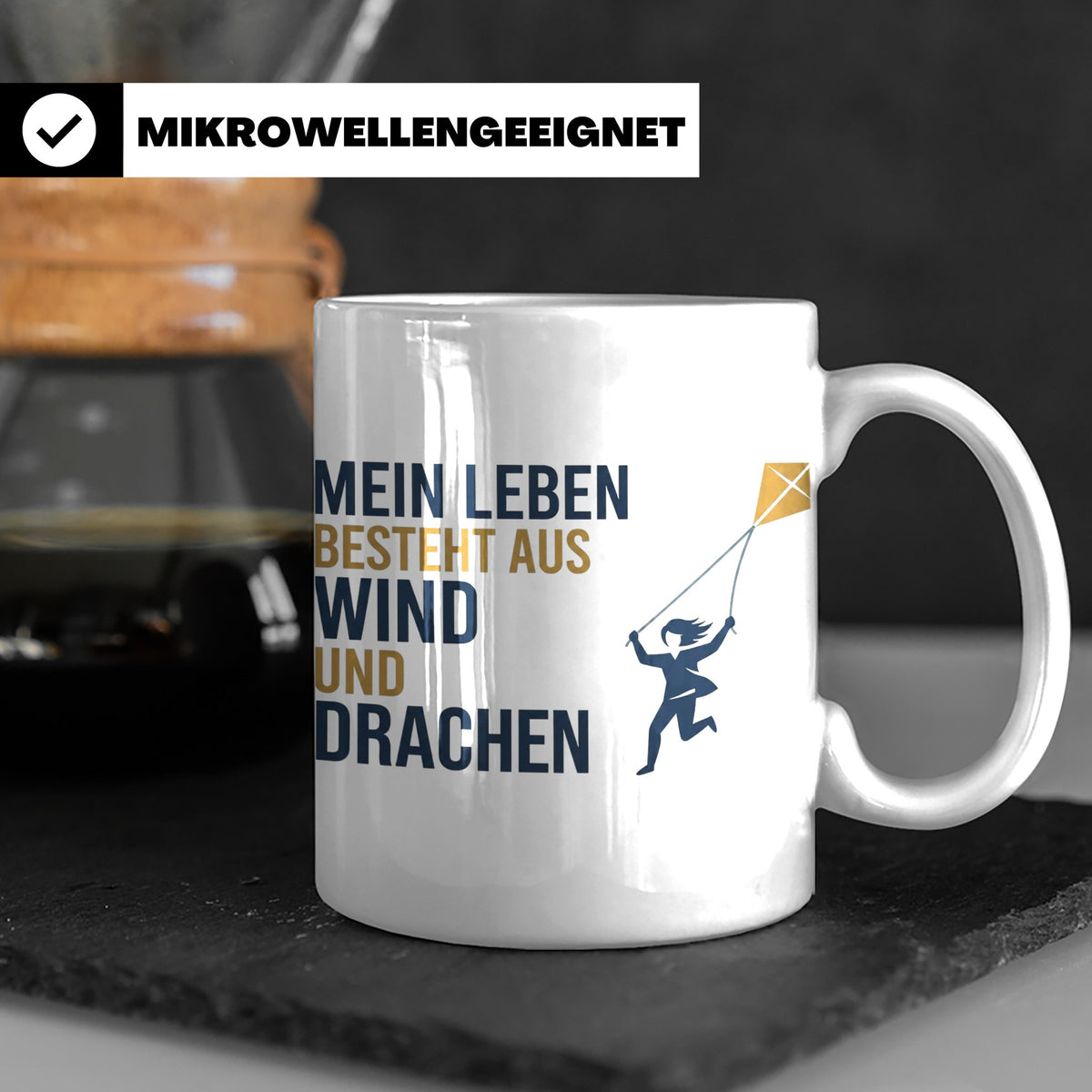 Drachensteigen Tasse mit Spruch Mein Leben besteht aus Wind  – Weiß [farbe:weiß]