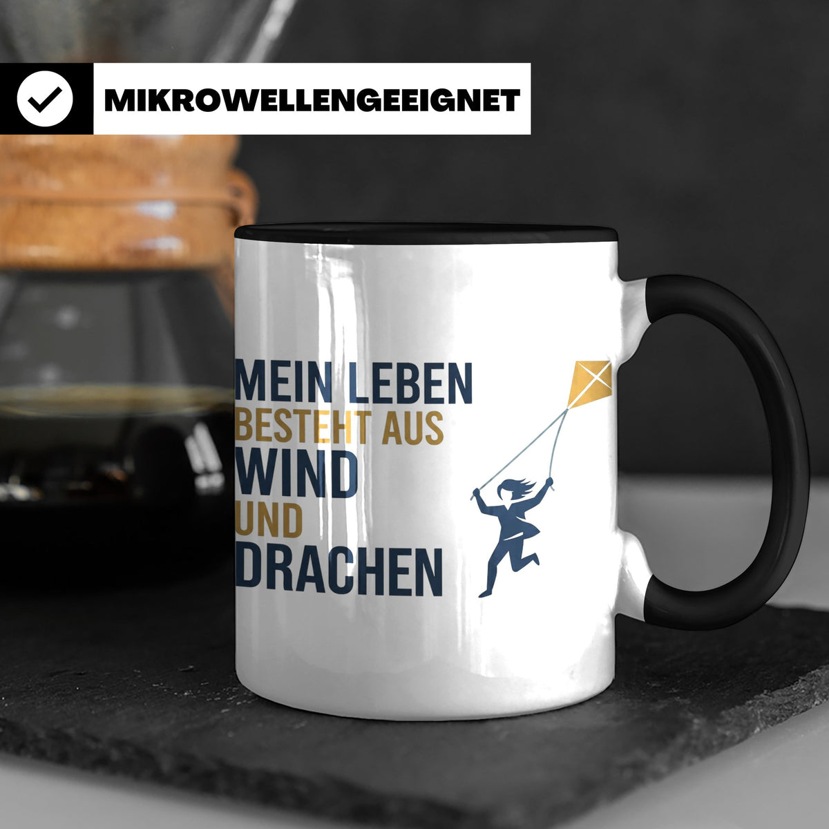 Drachensteigen Tasse mit Spruch Mein Leben besteht aus Wind  – Schwarz [farbe:schwarz]