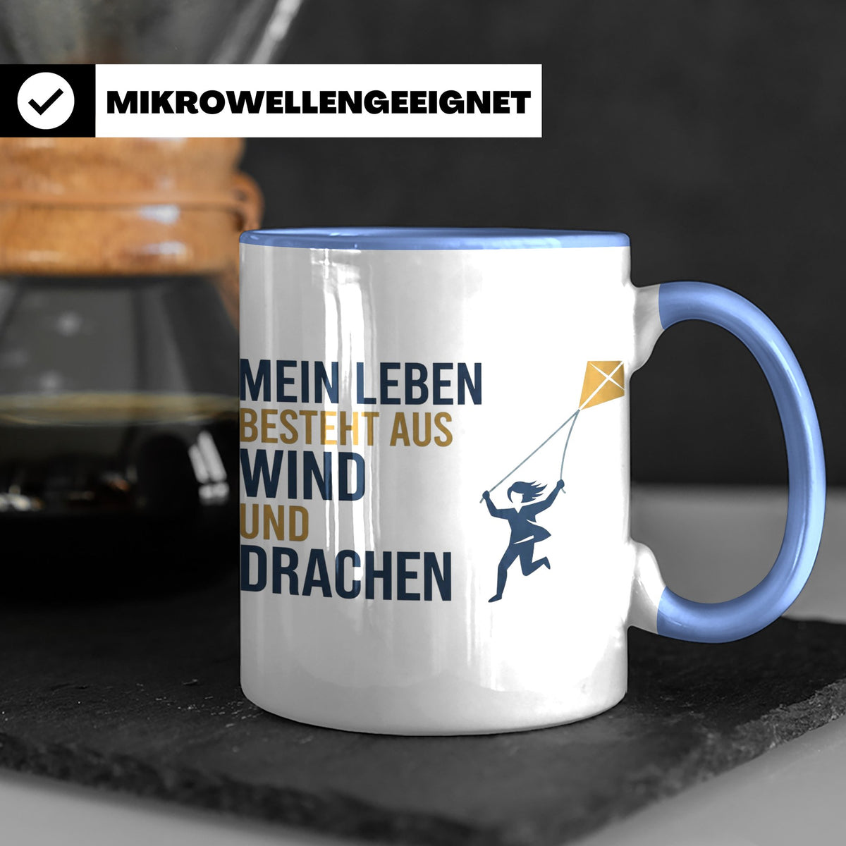Drachensteigen Tasse mit Spruch Mein Leben besteht aus Wind  – Blau [farbe:blau]