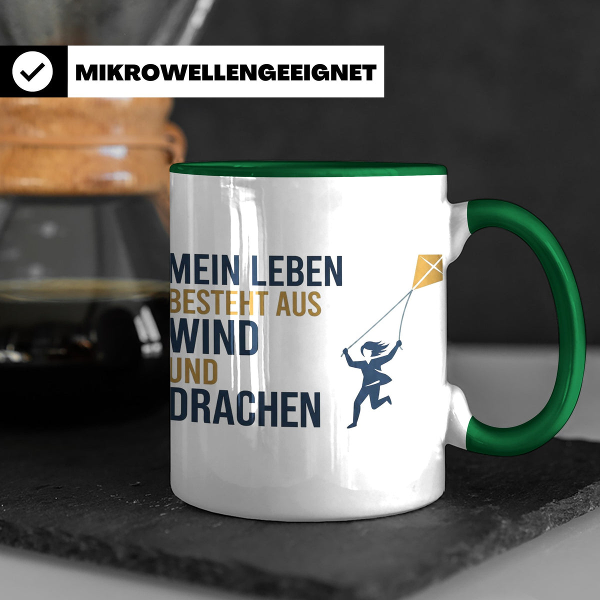 Drachensteigen Tasse mit Spruch Mein Leben besteht aus Wind  – Grün [farbe:grün]