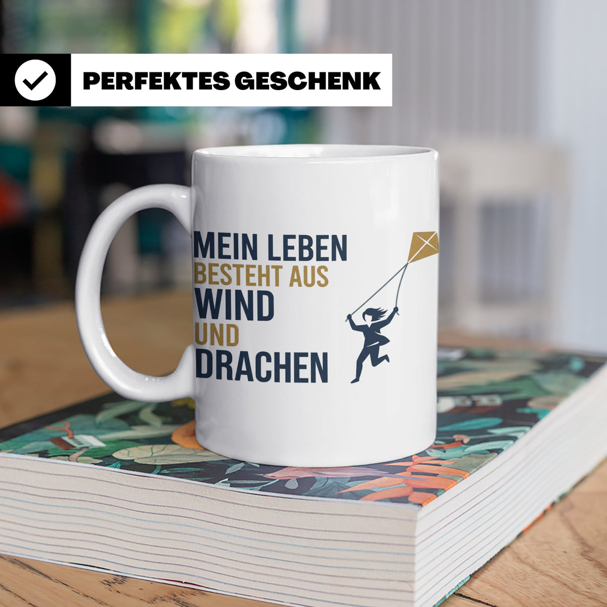 Drachensteigen Tasse mit Spruch Mein Leben besteht aus Wind  – Weiß [farbe:weiß]