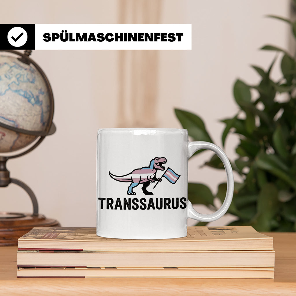 Transsaurus Tasse mit Trans Pride Flagge, LGBTQ Dinosaurier  – Weiß [farbe:weiß]