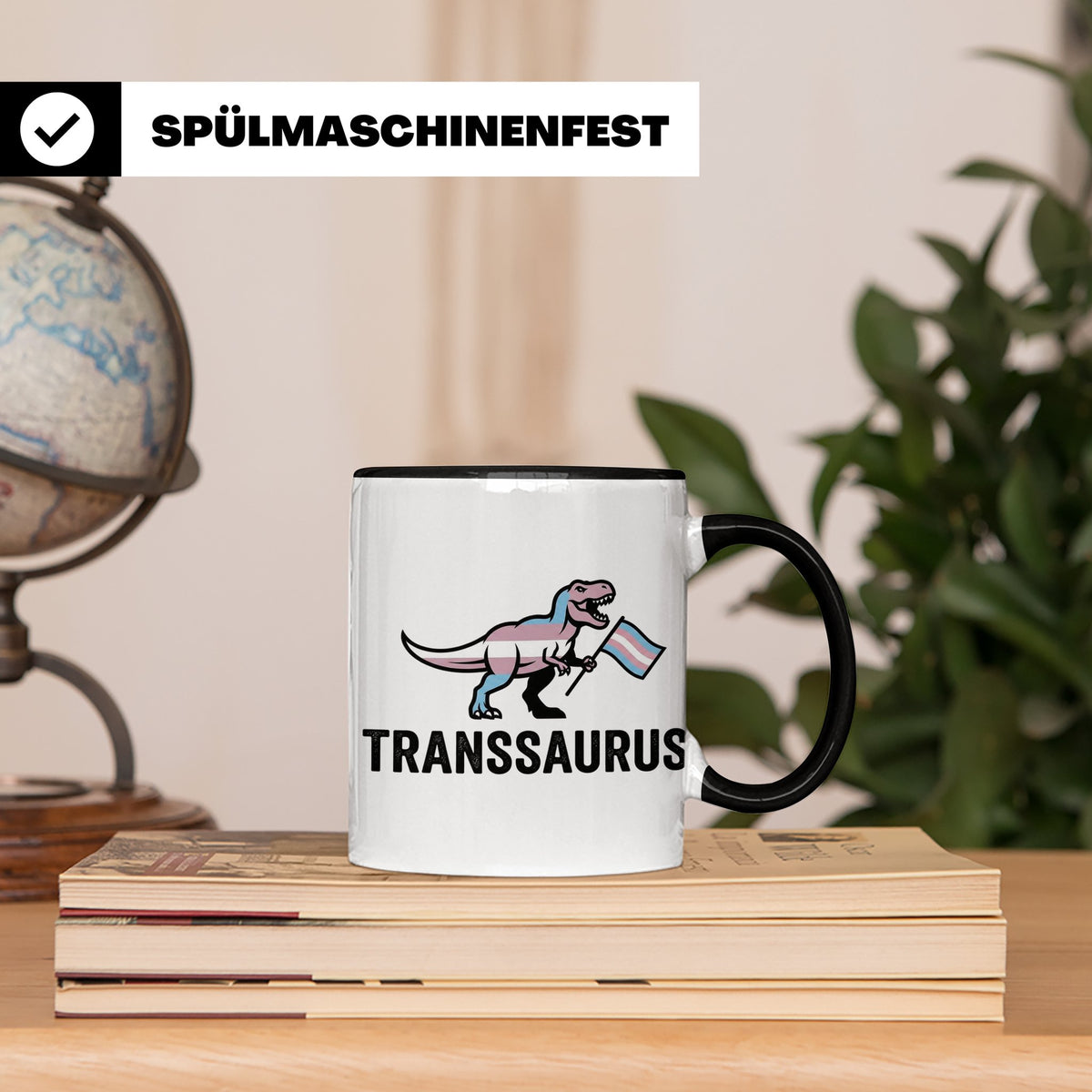 Transsaurus Tasse mit Trans Pride Flagge, LGBTQ Dinosaurier  – Schwarz [farbe:schwarz]