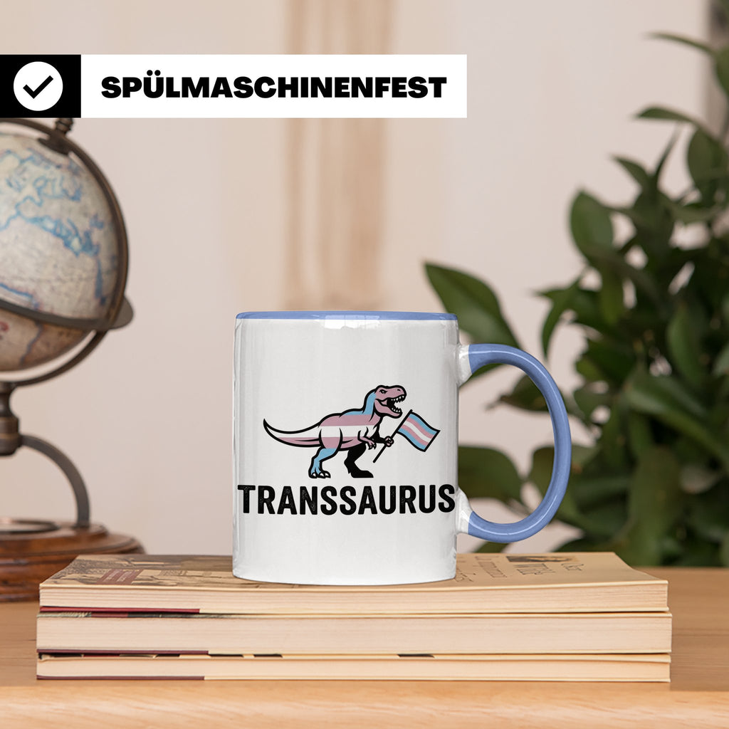 Transsaurus Tasse mit Trans Pride Flagge, LGBTQ Dinosaurier  – Blau [farbe:blau]