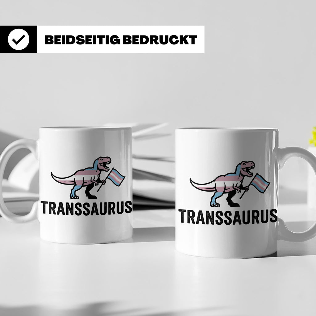 Transsaurus Tasse mit Trans Pride Flagge, LGBTQ Dinosaurier  – Weiß [farbe:weiß]