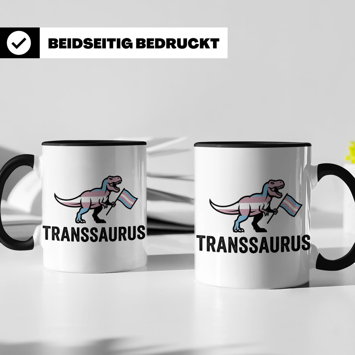 Transsaurus Tasse mit Trans Pride Flagge, LGBTQ Dinosaurier  – Schwarz [farbe:schwarz]
