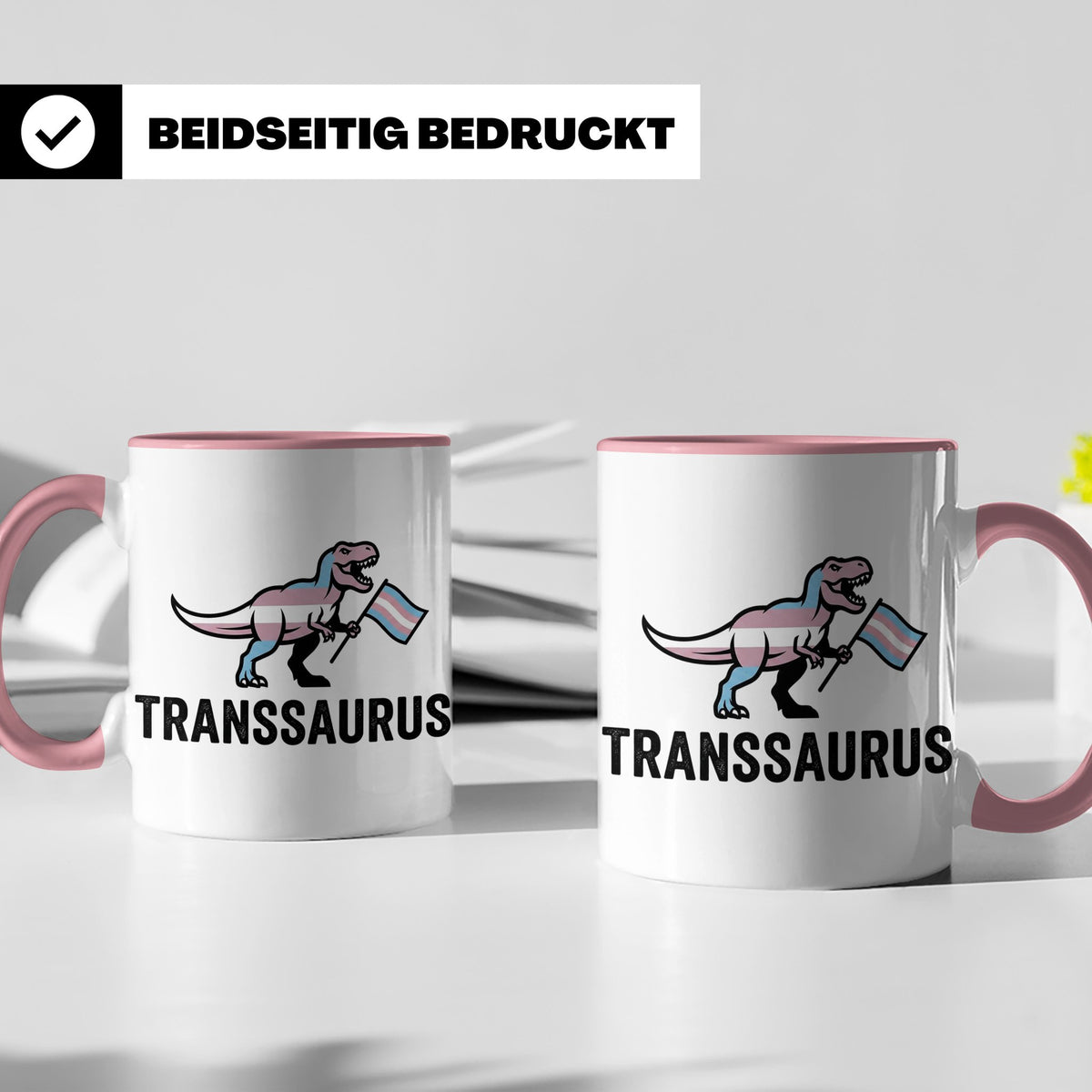 Transsaurus Tasse mit Trans Pride Flagge, LGBTQ Dinosaurier  – Rosa [farbe:rosa]