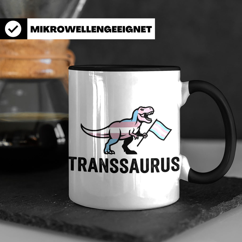 Transsaurus Tasse mit Trans Pride Flagge, LGBTQ Dinosaurier  – Schwarz [farbe:schwarz]