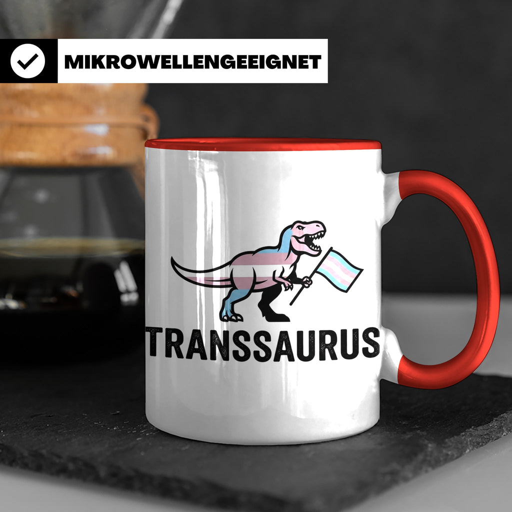 Transsaurus Tasse mit Trans Pride Flagge, LGBTQ Dinosaurier  – Rot [farbe:rot]