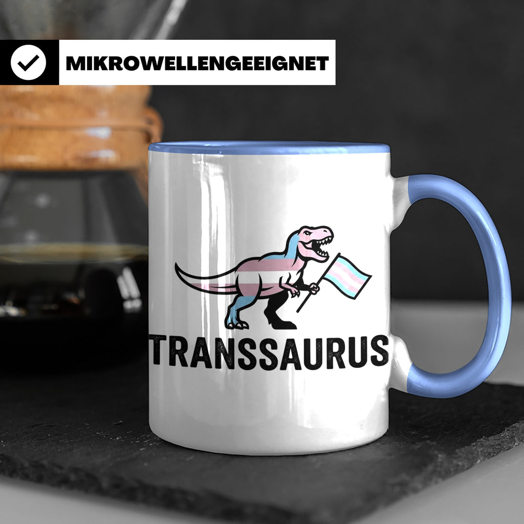 Transsaurus Tasse mit Trans Pride Flagge, LGBTQ Dinosaurier  – Blau [farbe:blau]