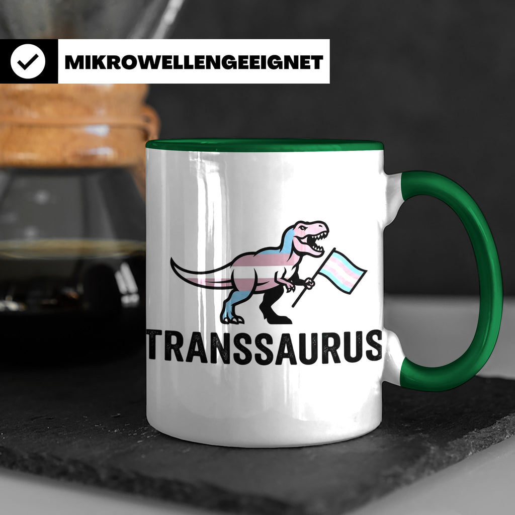 Transsaurus Tasse mit Trans Pride Flagge, LGBTQ Dinosaurier  – Grün [farbe:grün]