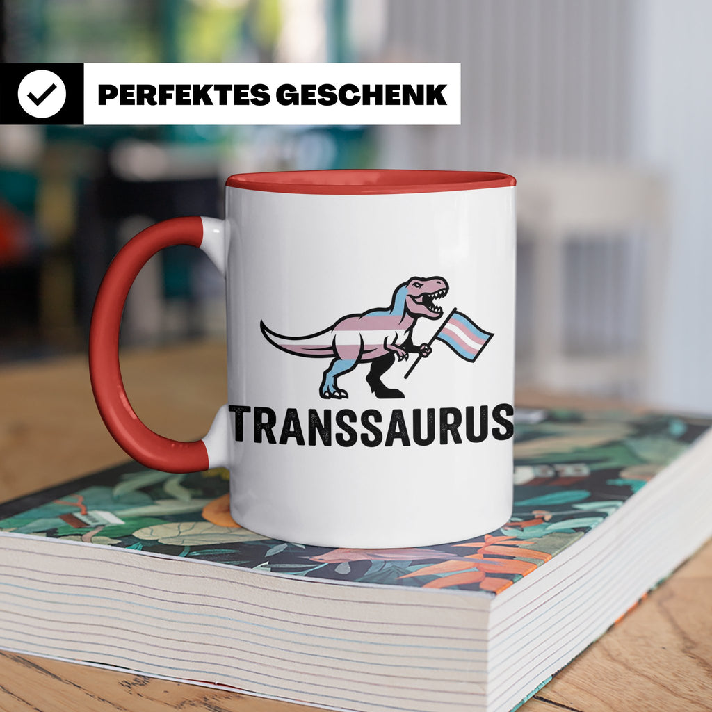 Transsaurus Tasse mit Trans Pride Flagge, LGBTQ Dinosaurier  – Rot [farbe:rot]