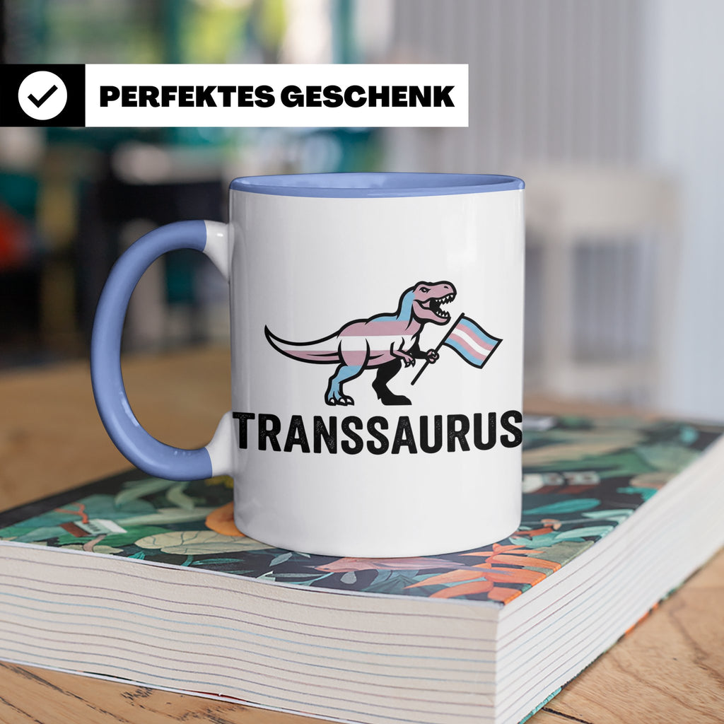 Transsaurus Tasse mit Trans Pride Flagge, LGBTQ Dinosaurier  – Blau [farbe:blau]