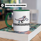 Transsaurus Tasse mit Trans Pride Flagge, LGBTQ Dinosaurier  – Grün [farbe:grün]