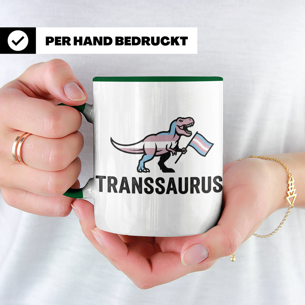 Transsaurus Tasse mit Trans Pride Flagge, LGBTQ Dinosaurier  – Grün [farbe:grün]