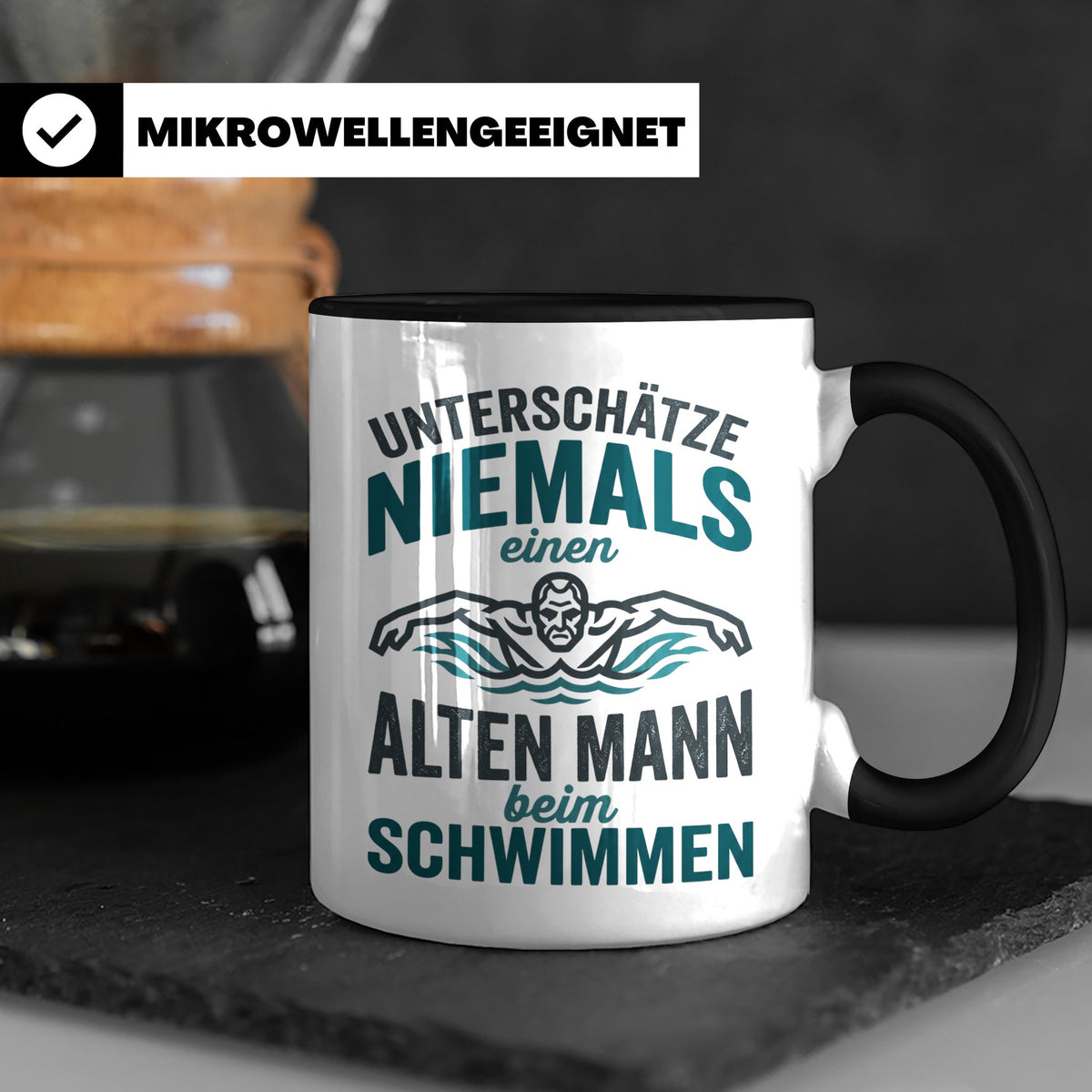 Schwimmer Tasse Alter Mann Spruch Geschenk für Opa Rentner W – Schwarz [farbe:schwarz]