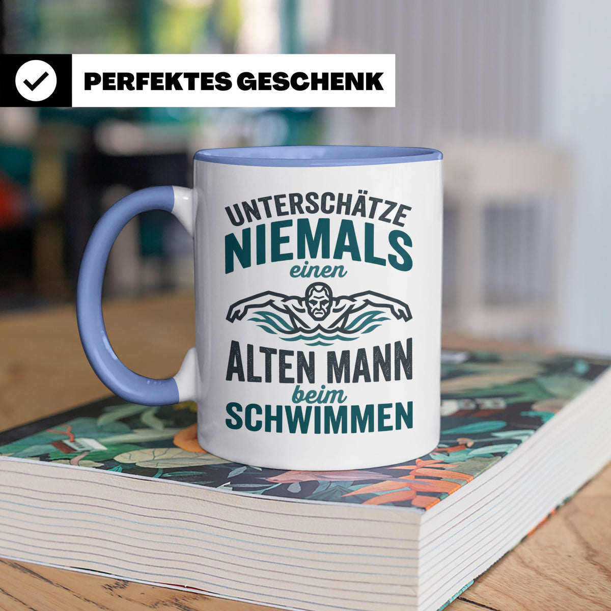 Schwimmer Tasse Alter Mann Spruch Geschenk für Opa Rentner W – Blau [farbe:blau]