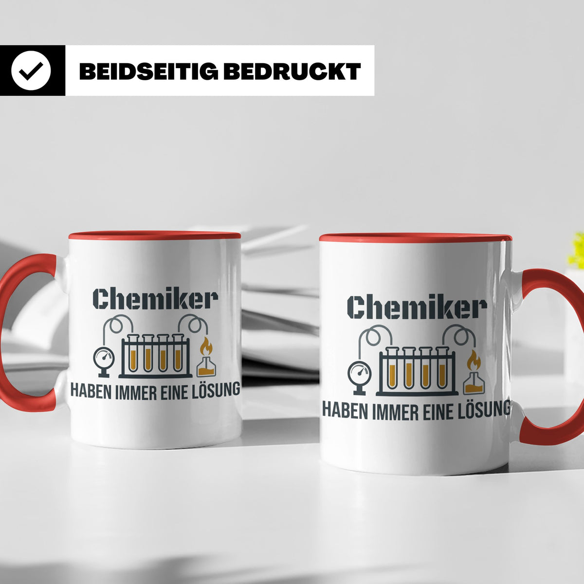 Chemiker Tasse mit Spruch 'Haben immer eine Lösung' Geschenk – Rot [farbe:rot]