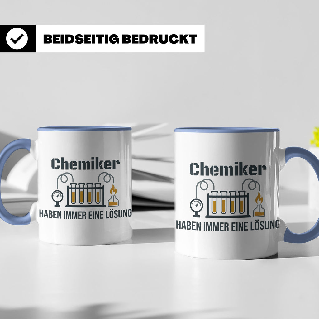 Chemiker Tasse mit Spruch 'Haben immer eine Lösung' Geschenk – Blau [farbe:blau]