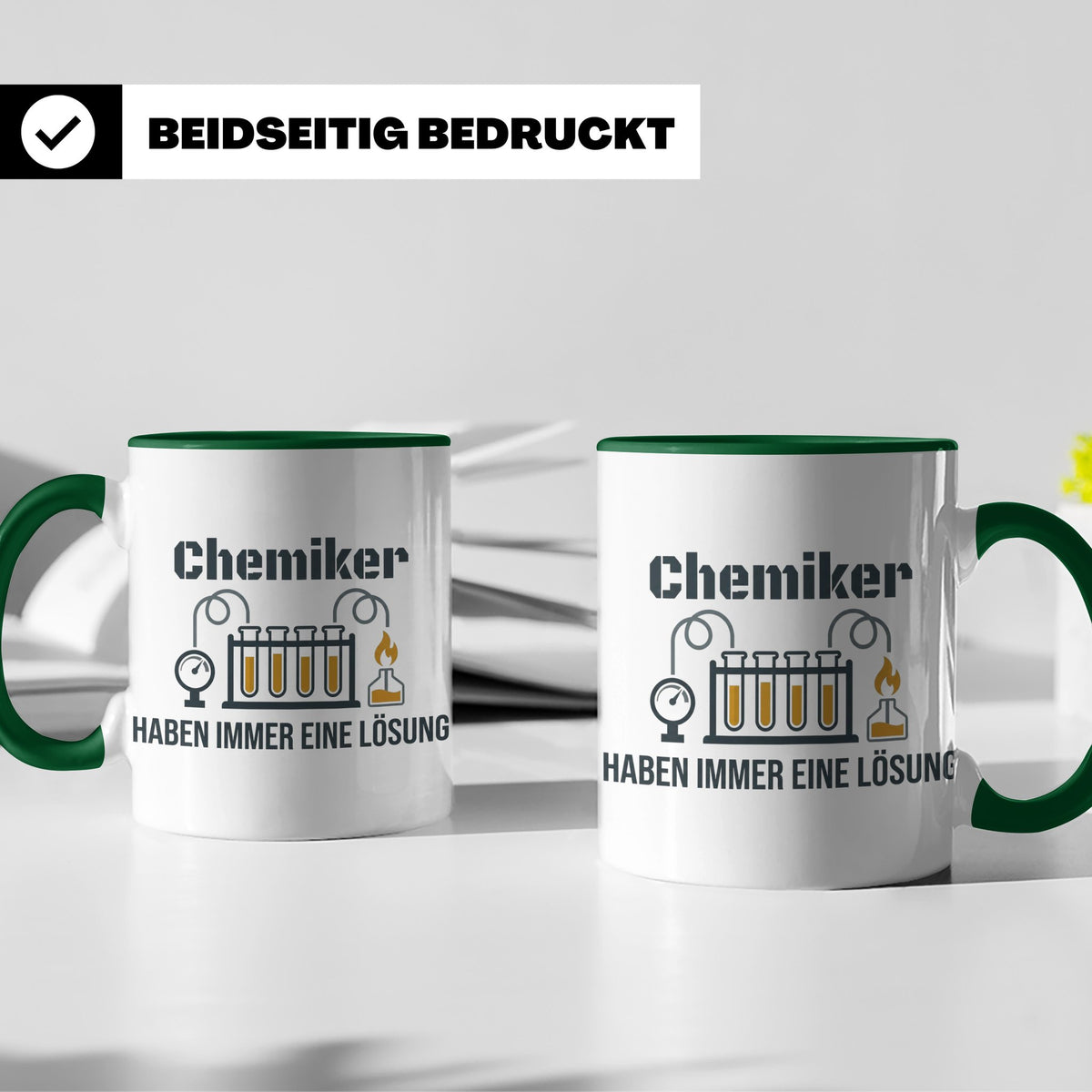 Chemiker Tasse mit Spruch 'Haben immer eine Lösung' Geschenk – Grün [farbe:grün]