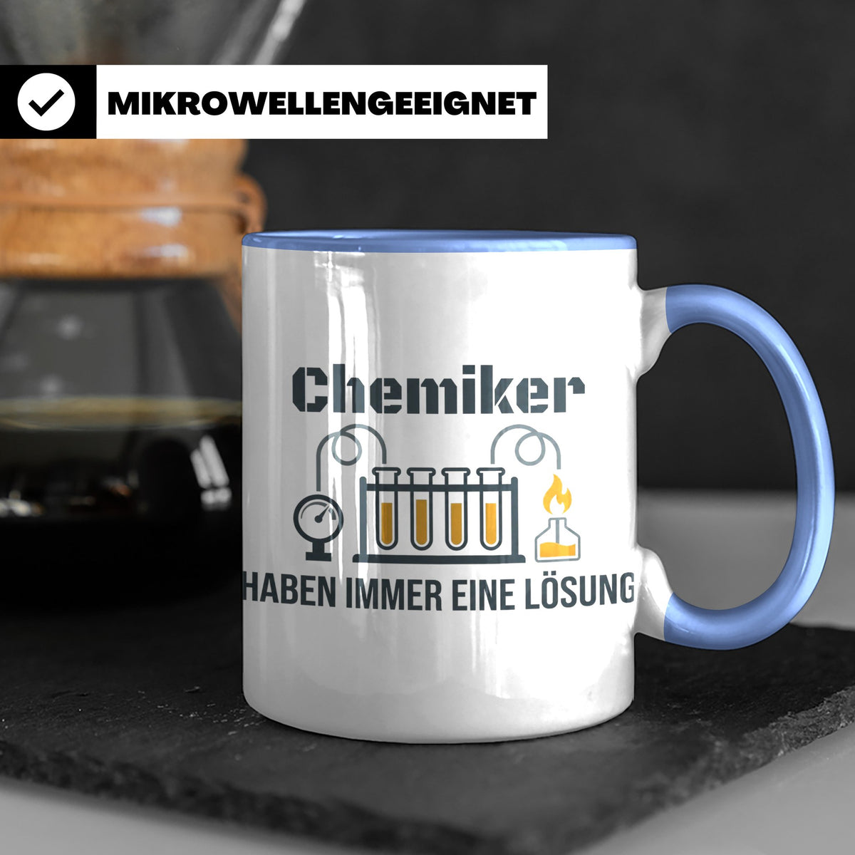 Chemiker Tasse mit Spruch 'Haben immer eine Lösung' Geschenk – Blau [farbe:blau]