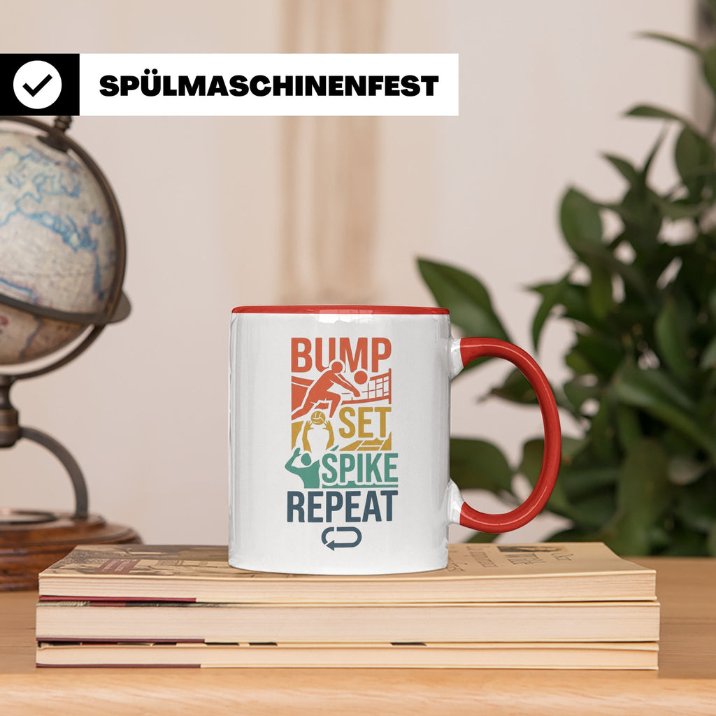 Volleyball Tasse Bump Set Spike Repeat Spruch für Volleyball – Rot [farbe:rot]