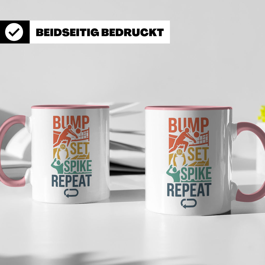 Volleyball Tasse Bump Set Spike Repeat Spruch für Volleyball – Rosa [farbe:rosa]