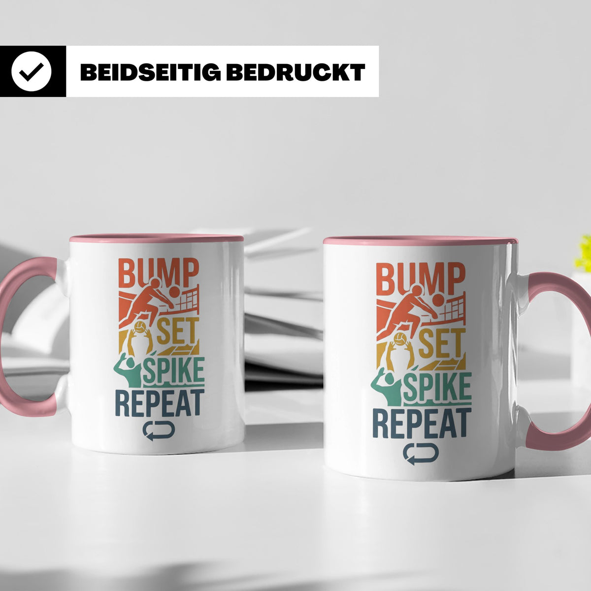 Volleyball Tasse Bump Set Spike Repeat Spruch für Volleyball – Rosa [farbe:rosa]