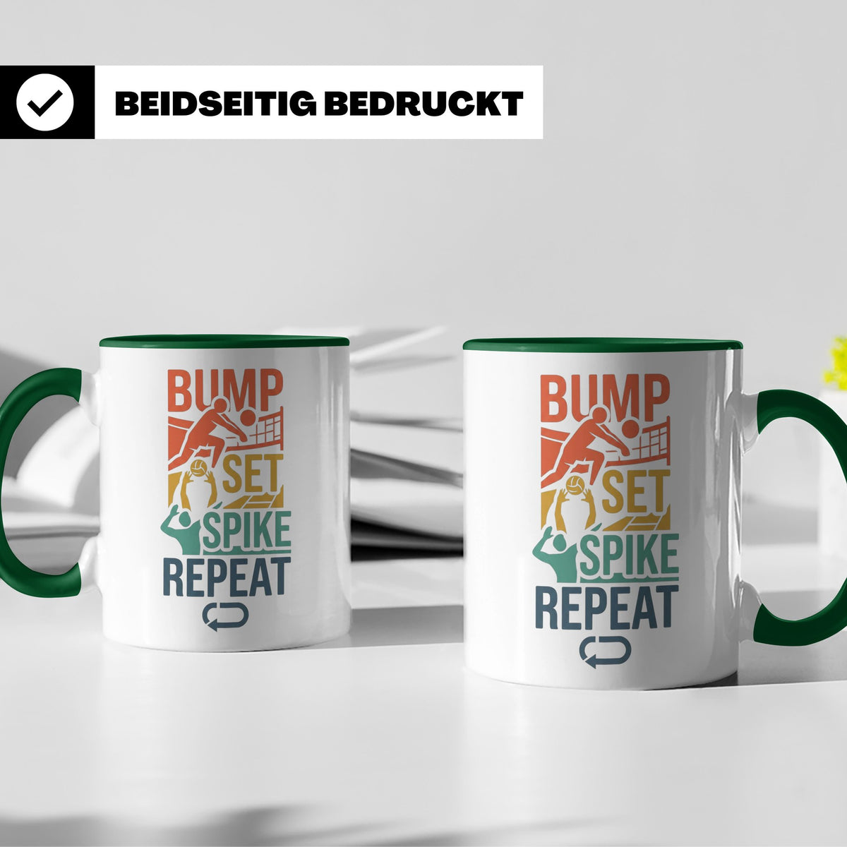Volleyball Tasse Bump Set Spike Repeat Spruch für Volleyball – Grün [farbe:grün]