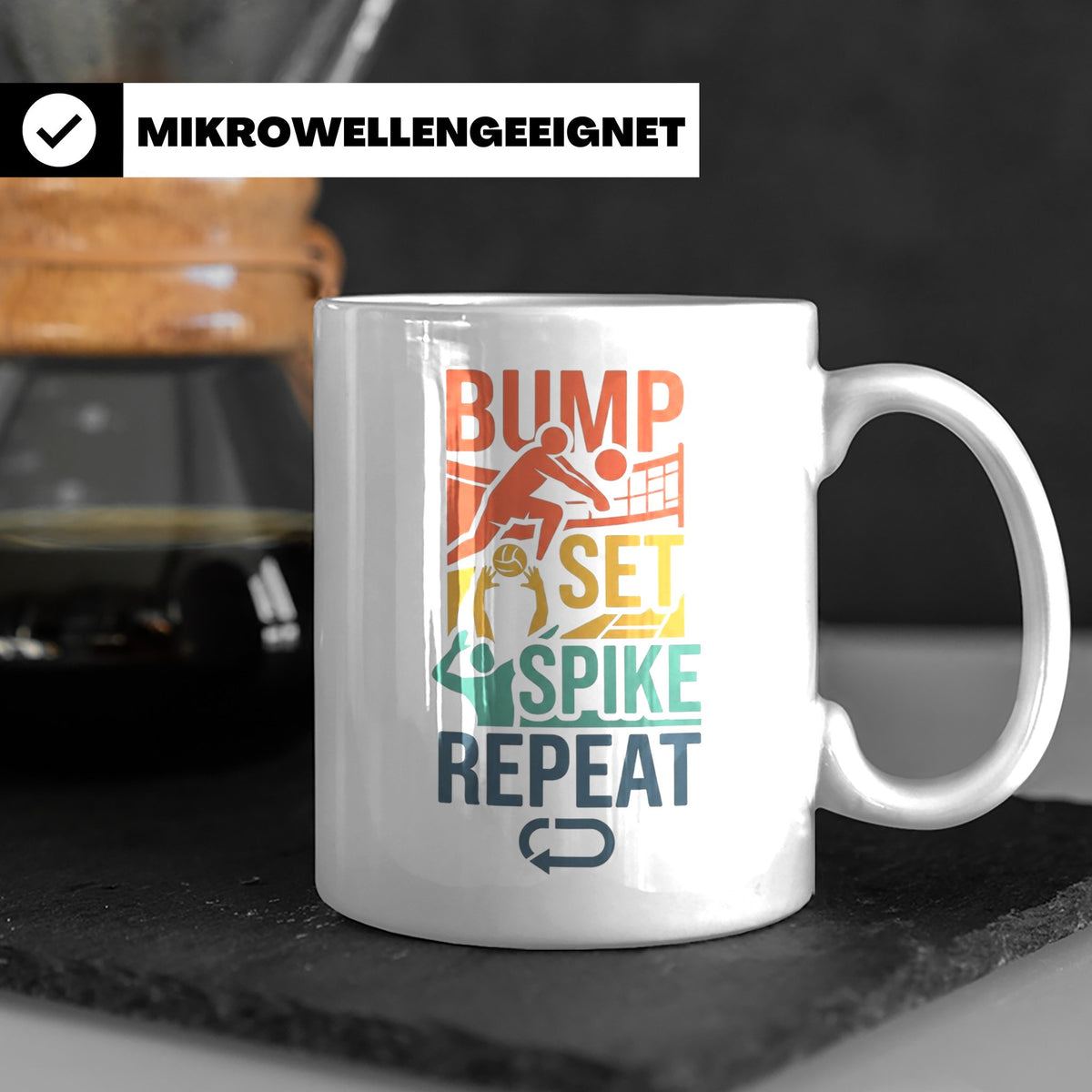Volleyball Tasse Bump Set Spike Repeat Spruch für Volleyball – Weiß [farbe:weiß]